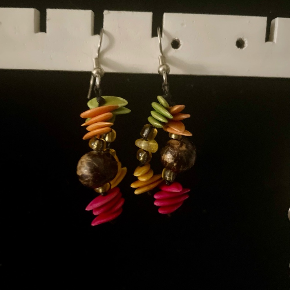 Handmade Vibrant Multicolor Dangle Earrings, Made with Seeds
